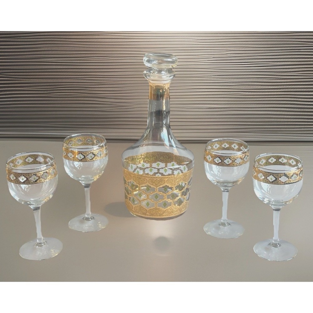 Vtg Culver Valencia Decanter & 4 Wine Goblets Set Green Diamond 22kt Gold MCM